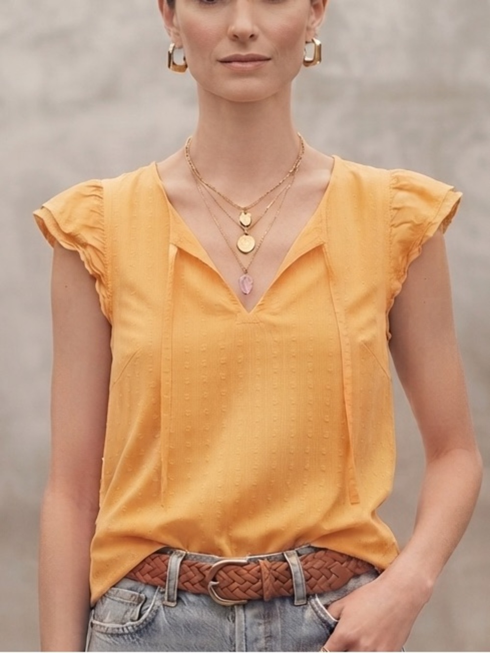 Sonoma Butter Yellow Orange Women's Small Yellow Swiss Dot Ruffle Sleeve Top